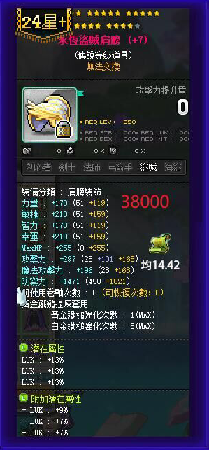 【永恒盗贼肩膀】24星 主顶39%LUK 附加977 均14.42攻