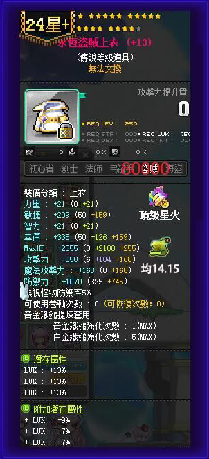 【永恒盗贼上衣】24星 主顶39%LUK 附加977 均14.15攻 顶星火