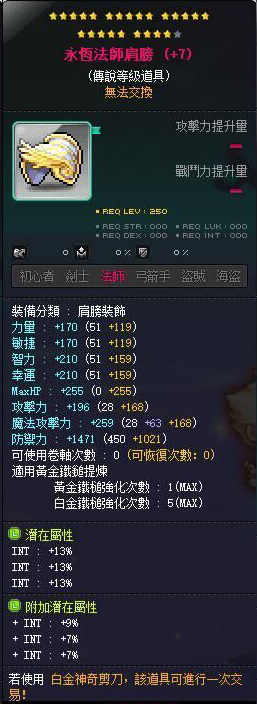 【永恒法师肩膀】24星 主顶39%INT 附加977 均9魔力